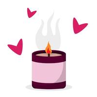Lit candle with a soft pink container and burgundy rim, emitting a warm flame and smoke, surrounded by floating pink hearts on a white background. Romantic atmosphere vector