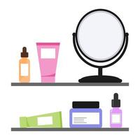 Skincare products and cosmetics on two shelves with a mirror, arranged neatly. Minimalist style on a white background. Beauty and self-care concept vector