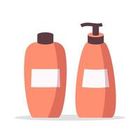 Two orange shampoo and conditioner bottles with blank labels in a simple illustration style on a white background. Concept of hair care products vector