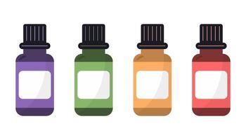 Four colorful essential oil bottles with black caps and blank labels, arranged in a row on a white background. Concept of aromatherapy and wellness vector
