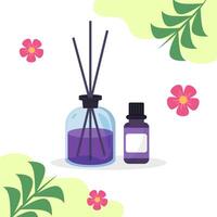 Aromatherapy diffuser with reeds and essential oil bottle in purple tones, surrounded by flowers and leaves on a white background. Wellness concept vector