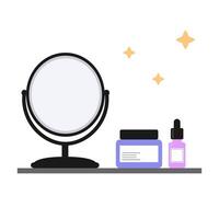 Skincare products and mirror on a vanity table in minimalist style with a white background. self-care and beauty routine vector
