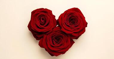 Three Red Roses Arranged in a Heart Shape on a Light Beige Background photo