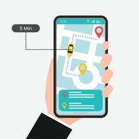 Taxi service with phone in hand. Flat urban background with sedan cab and online traffic with location in map. Man calls yellow auto in smartphone application. vector