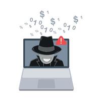 Hacker with laptop computer stealing confidential data, personal information and credit card detail.Stroke Editable vector