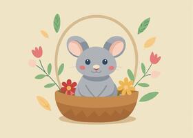 Little mouse sitting inside an Easter basket with eggs vector