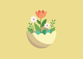 Spring-inspired eggshell planter holding vibrant wildflowers vector
