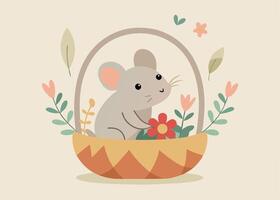 Cute mouse inside an Easter basket full of colorful eggs vector