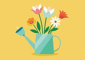 Easter watering can filled with vibrant tulips and daisies vector