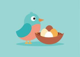 Little bird building a nest with pastel Easter eggs vector