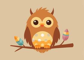Adorable baby owl perched on tree branch with Easter eggs vector