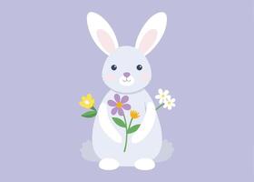 Easter bunny joyfully presenting bouquet of spring flowers vector