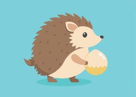 Tiny hedgehog carrying a pastel Easter egg in a forest vector