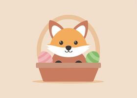 Little fox peeking from behind a large Easter basket vector