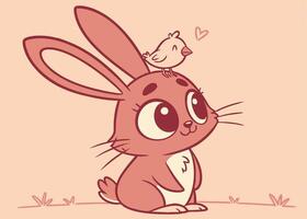 Cute bunny balancing tiny chick on its fluffy head vector