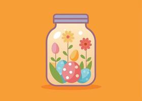 Easter themed mason jar with pastel eggs inside vector