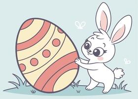 Playful bunny rolling a large pastel easter egg vector