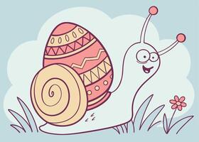 Small snail moving with painted Easter egg on back vector
