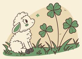 Baby lamb sitting on fresh clover grass in spring vector