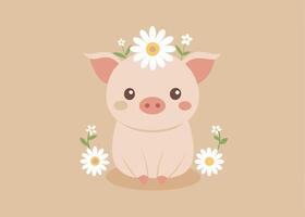 Piglet with flower crown in field of flowers vector