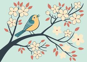 Singing bird perched on tree branch with spring blossoms vector