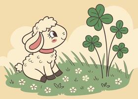 Fluffy lamb resting on clover field during sunny Easter vector