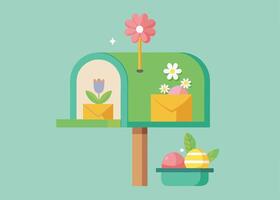 Festive mailbox overflowing with colorful Easter greeting letters vector