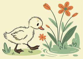 Small duckling strolling by water surrounded by flowers vector