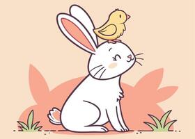 Adorable bunny with tiny chick sitting on its head vector