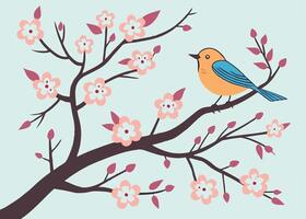 Cute bird singing on flowering branch in springtime vector