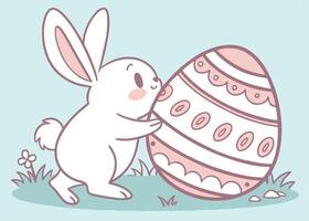 Festive bunny playing with oversized pastel easter egg vector