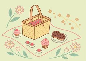 Springtime picnic with basket and pastel treats for Easter vector