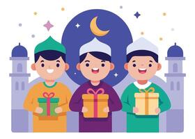 Children celebrating Eid with gift boxes for Ramadan vector