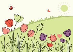 Vast field of blooming tulips in bright spring colors vector