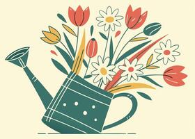 Watering can overflowing with fresh tulips and daisies vector