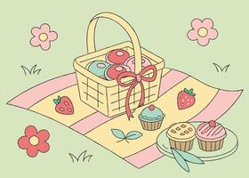 Springtime picnic with basket and pastel-colored treats vector