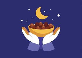 Hands holding a bowl of dates for Ramadan Iftar vector