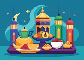Iftar table with traditional dishes for Ramadan meal vector
