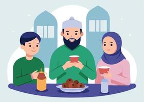Moslem family enjoying Iftar meal with dates vector