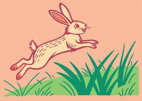 Hopping bunny leaping over lush green grass in spring vector