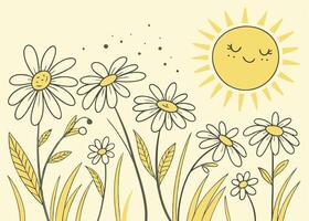 Smiling sun shining over a meadow of fresh daisies vector