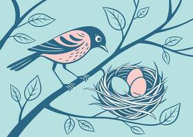 Tiny bird carefully building a cozy nest for eggs vector