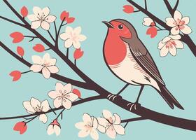 Cute robin sitting on a blossoming branch in spring vector