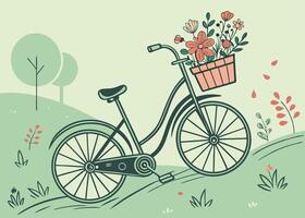 Charming bicycle with a flower-filled basket in spring vector