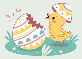 Excited chick hatching from Easter egg with patterns vector