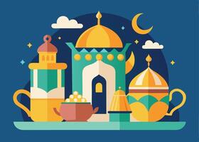 Islamic tea set with Ramadan themed decorative patterns vector