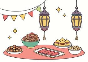 Iftar table with traditional dishes for Ramadan evening meal vector
