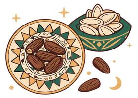 Dates and nuts for Ramadan on decorative plate vector