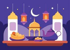 Traditional table setting with Ramadan food for Iftar vector