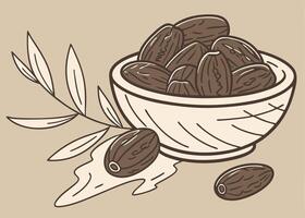 Fresh dates stack in wooden bowl for Ramadan iftar meal vector